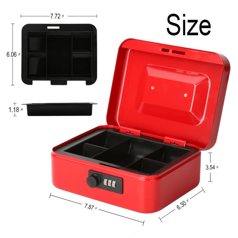 Decaller Cash Box with Combination Lock, Safe Metal Small Locking Box with Money Tray, 7 4/5" x 6 4/5" x 3 3/5", Red, QH2006S - Image 3